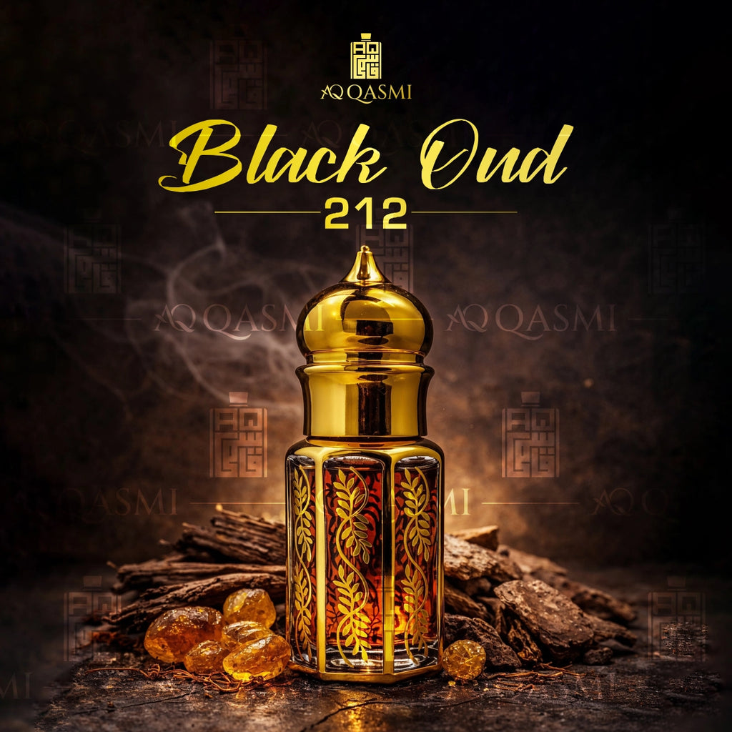Gold bottle of Black Oud 212 with smoke and wood chips on a dark background, featuring the Qasmi brand. 6ML