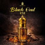 Gold bottle of Black Oud 212 with smoke and wood chips on a dark background, featuring the Qasmi brand. 6ML