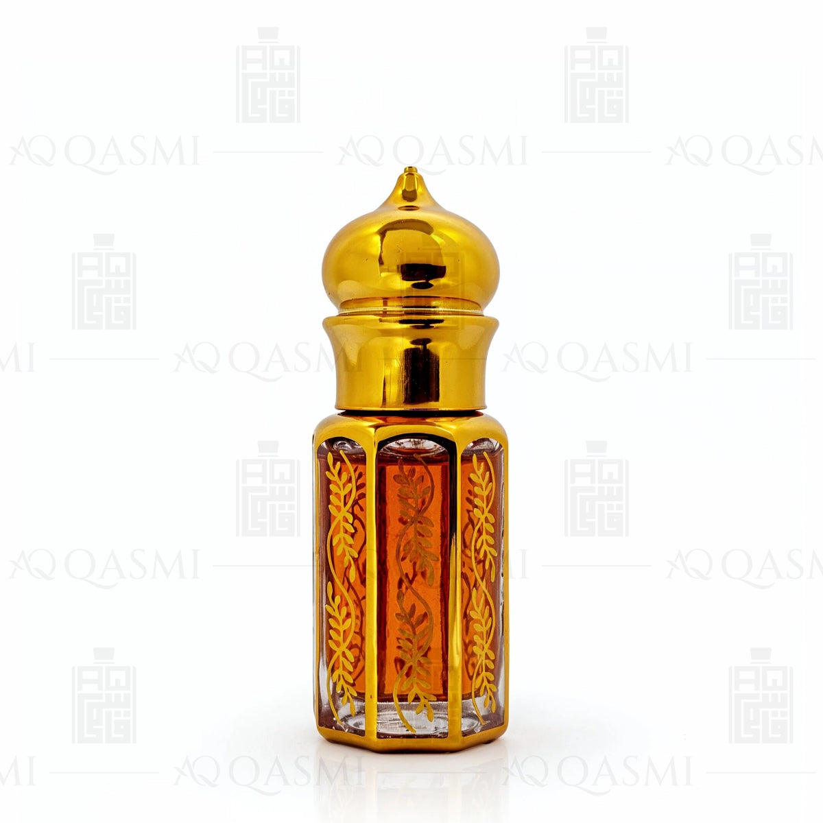 Gold bottle of Black Oud 212 with smoke and wood chips on a dark background, featuring the Qasmi brand. 6ML