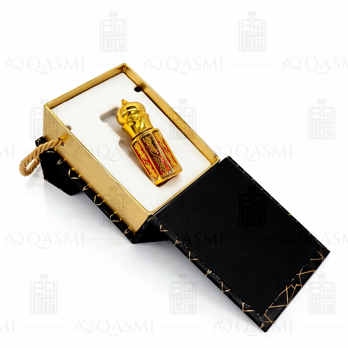 Gold bottle of Black Oud 212 with smoke and wood chips on a dark background, featuring the Qasmi brand. 6ML