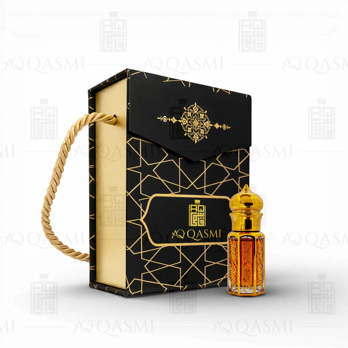 Gold bottle of Black Oud 212 with smoke and wood chips on a dark background, featuring the Qasmi brand. 6ML