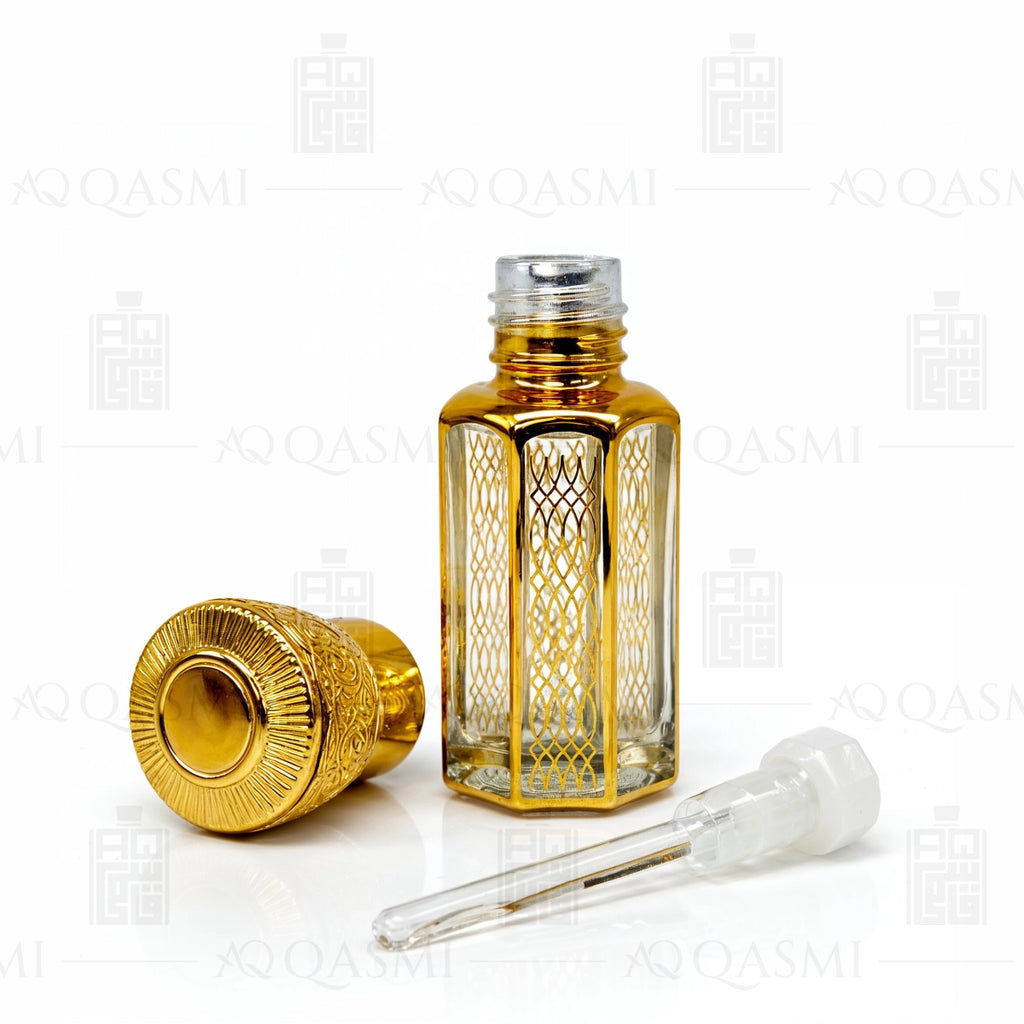 Gold and clear Gucci Flora perfume bottle with lemons and flowers on a light background. 6ML
