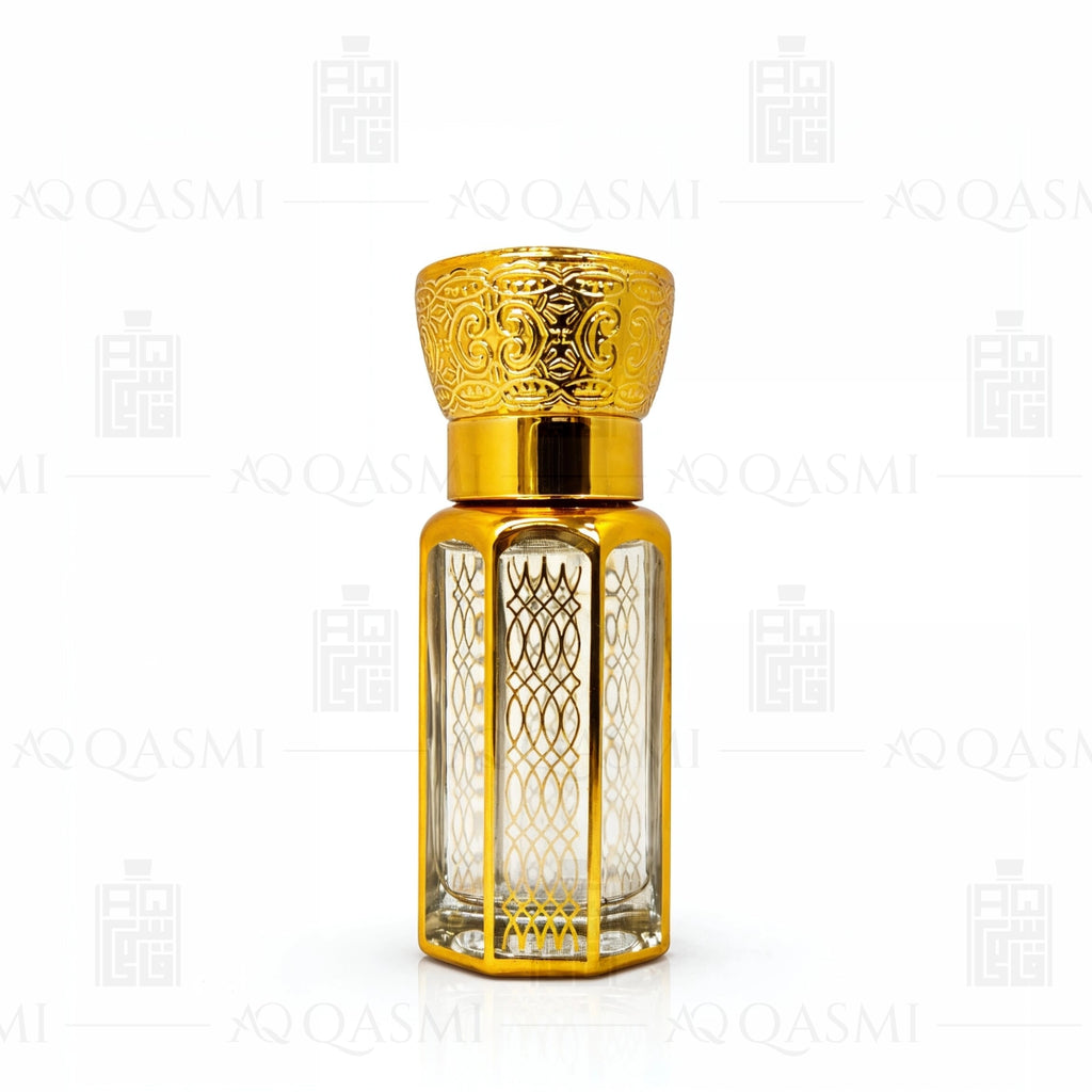 Gold and clear Gucci Flora perfume bottle with lemons and flowers on a light background. 6ML