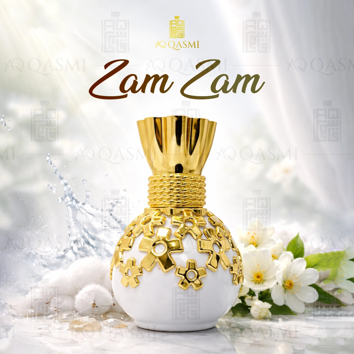 Perfume bottle with gold design and 'Zam Zam' branding on a white background with flowers.