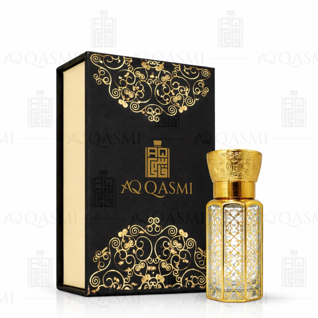 Decorative gold and clear glass perfume bottle with dropper on a white background. 12ML