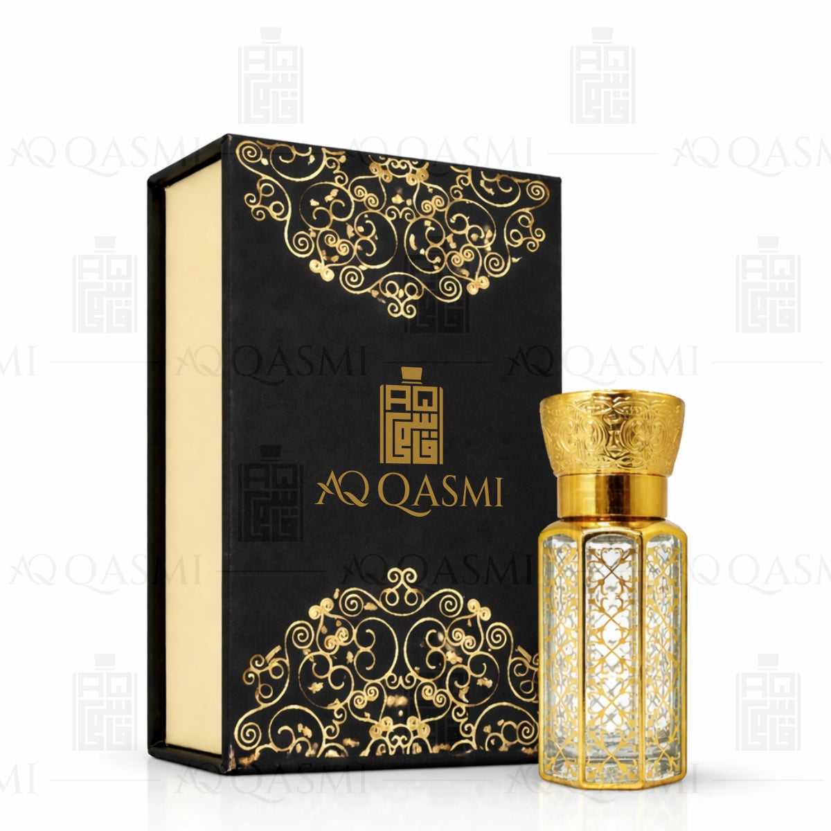 Decorative gold and clear glass perfume bottle with dropper on a white background. 12ML