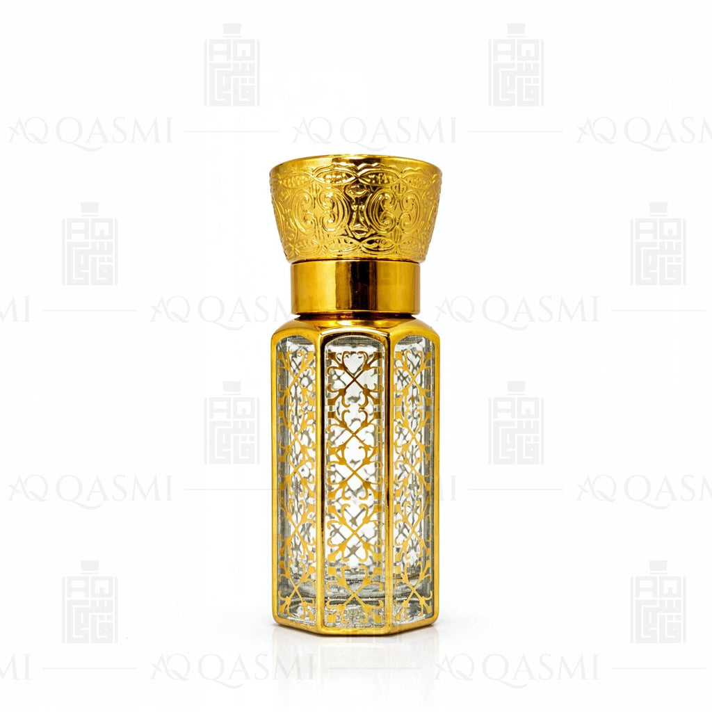 Decorative gold and clear glass perfume bottle with dropper on a white background. 12ML